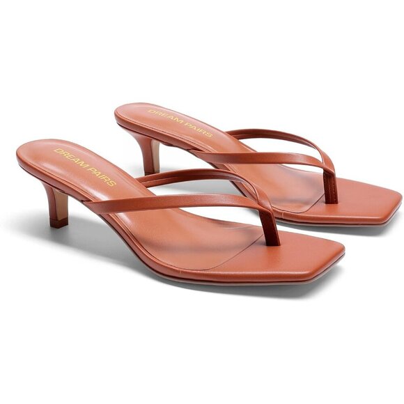 Dream Pairs Women Brown Faux Leather  Square Open Toe  Low Heels Sandals Shoes - Picture 3 of 8